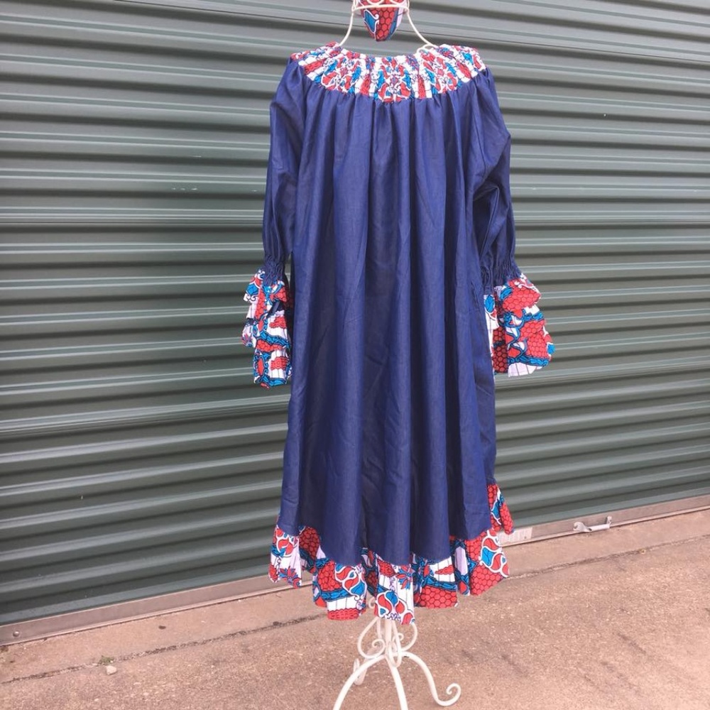 Denim Traditional African Print trimmed Dress